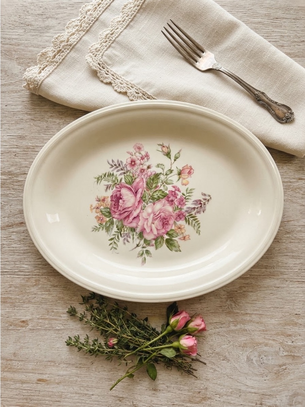 Vintage Edwin M. Knowles Oval Serving Platter Roses Floral Shabby Chic Ironstone